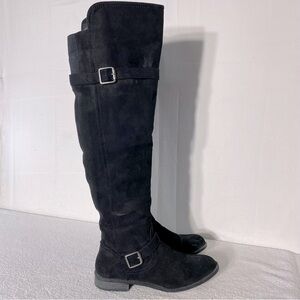 Women’s Black Faux Suede Portia Knee High Round Toe Flat Boots 8